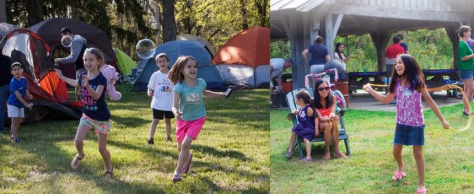 Families camping and picnicking